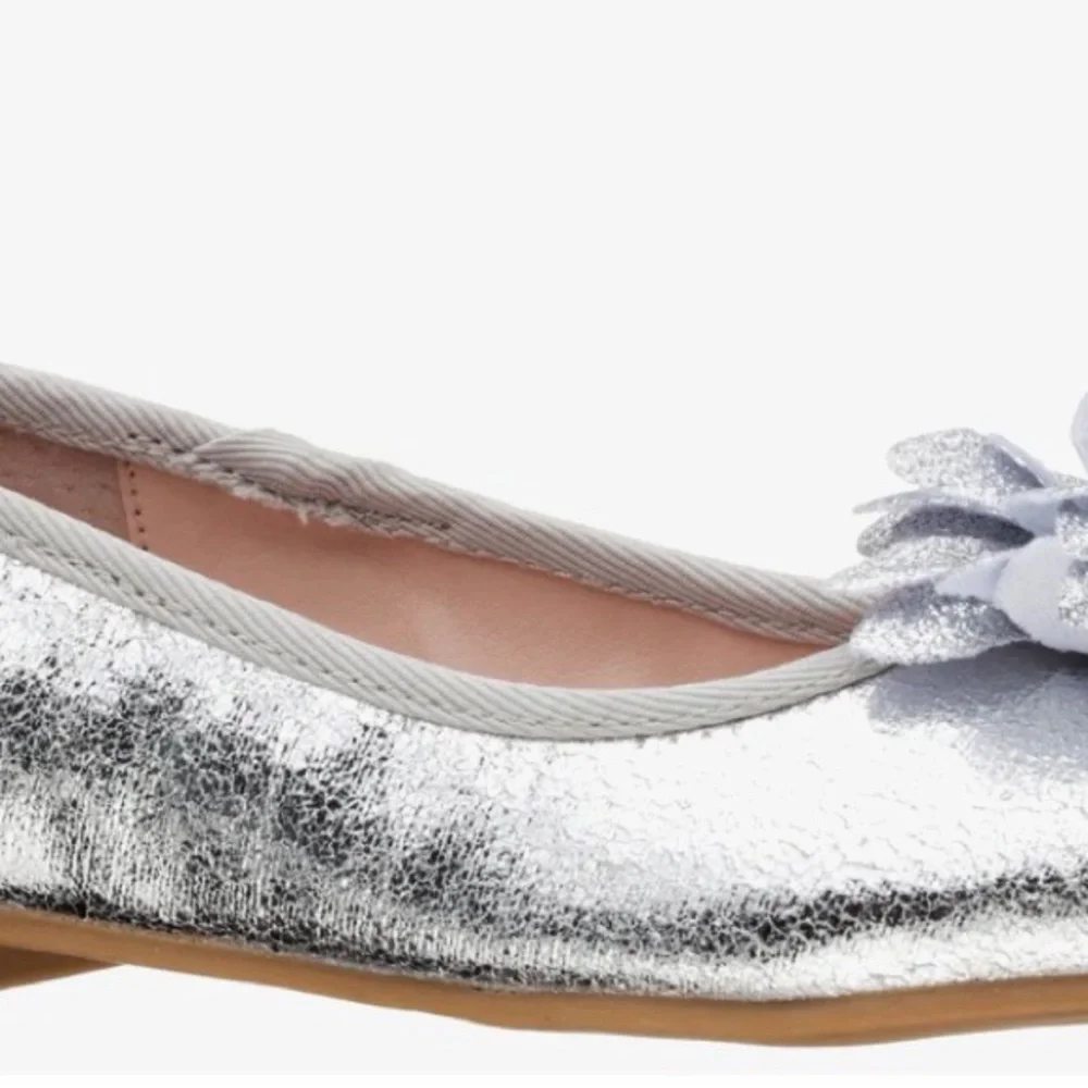 Nina Silver Glitter Girls Flats with Floral Detail - worn once